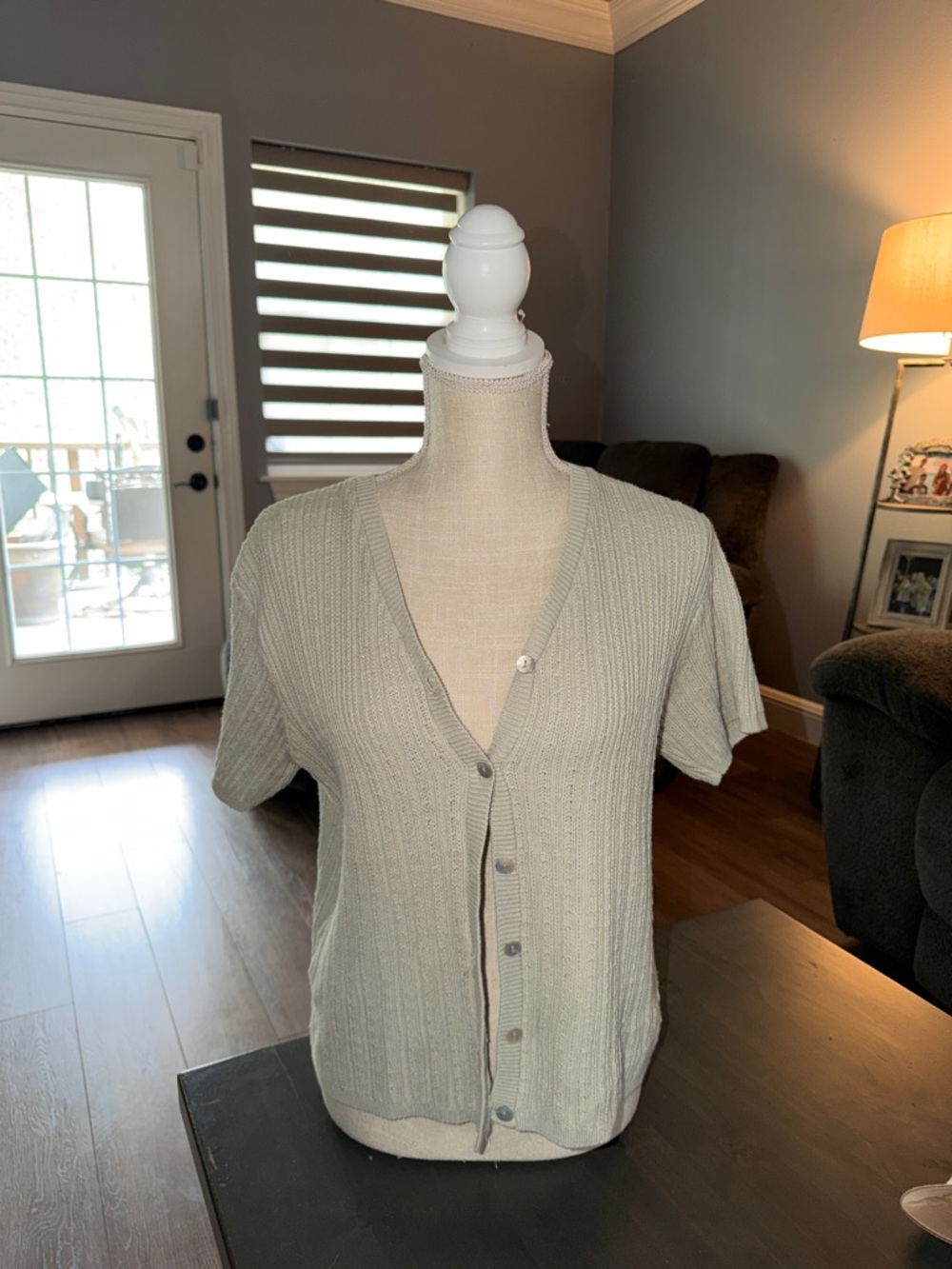 Jones New York Light Sage Green Short Sleeve Button Front Top